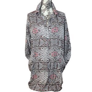 Tysa Relaxed Tunic Geometric Print Long Sleeve Brown 2 Medium